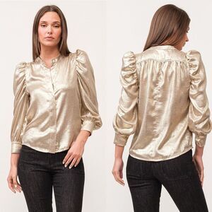 Dear John Gold Metallic Rowan Hidden Placket 3/4 Sleeve Top Medium